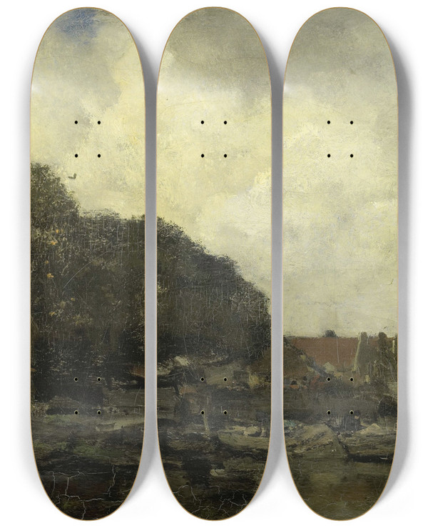 Triptych art skateboard deck of Jacob Maris Havengezicht_1 by Jacob Maris (1837-1899)