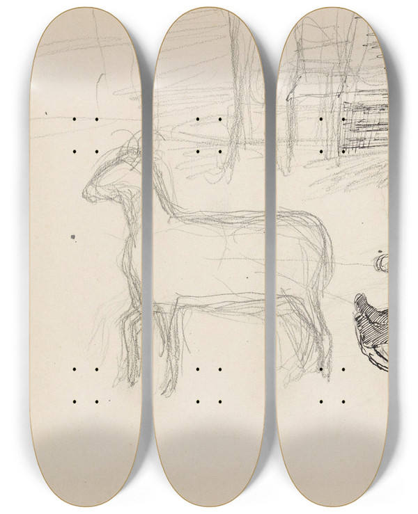 Triptych art skateboard deck of Signe Scheel Barn Med Bukk by Signe Scheel (1860-1942)