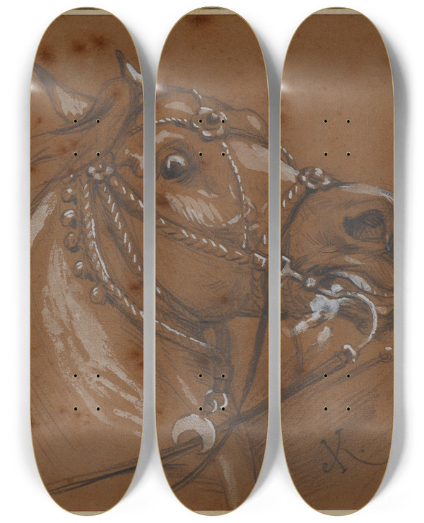 Triptych art skateboard deck of Juliusz Kossak Study Of A Harnessed Horse Head by Juliusz Kossak (1824-1899)