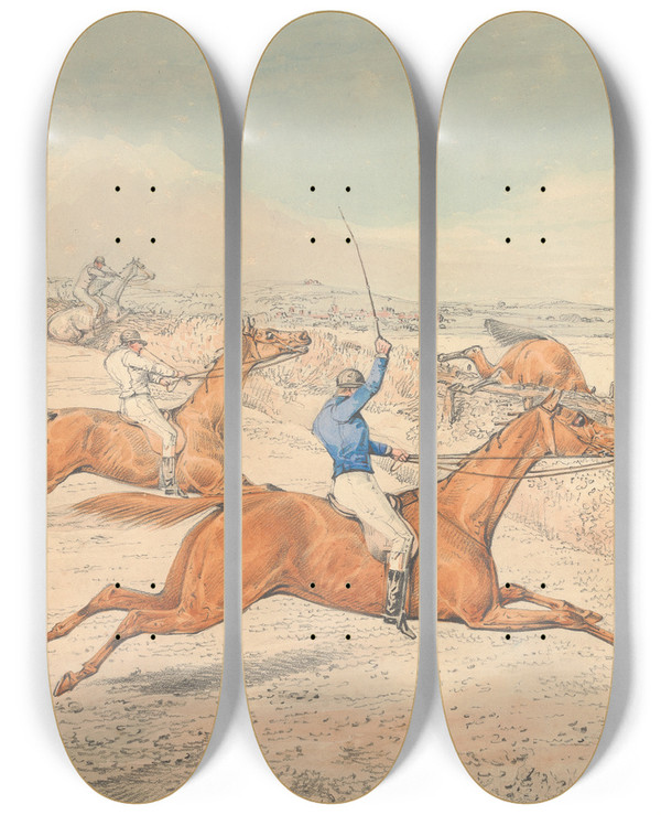 Triptych art skateboard deck of Henry Thomas Alken Steeplechasing Four Riders Taking A Ditch And An Oxer by Henry Thomas Alken (1785-1851)