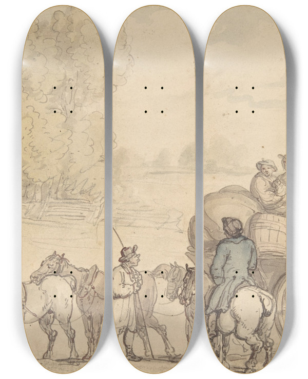 Triptych art skateboard deck of Thomas Rowlandson Migrants by Thomas Rowlandson (1756-1827)