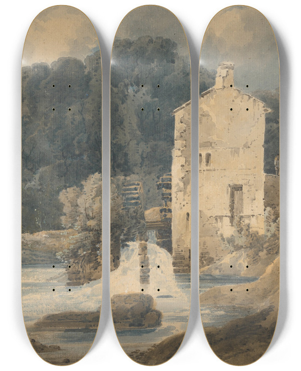 Triptych art skateboard deck of Thomas Girtin The Abbey Mill Knaresborough by Thomas Girtin (1775-1802)