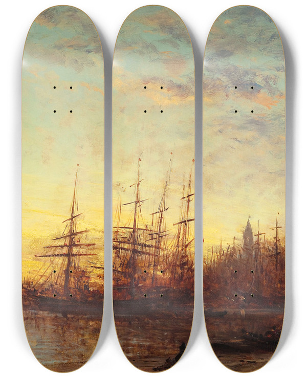 Triptych art skateboard deck of Flix Ziem Le Port De Marseille Au Coucher Du Soleil by Felix Ziem (1821-1911)