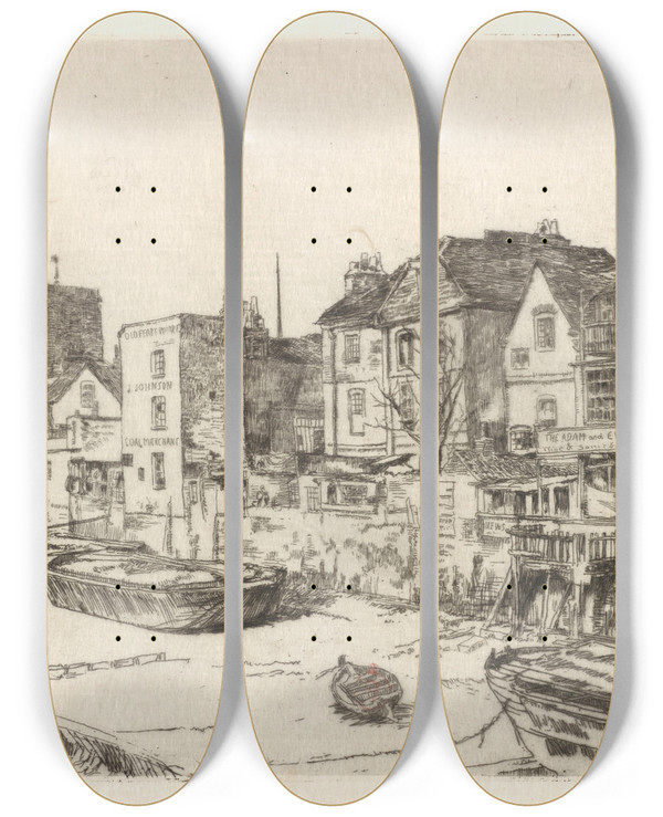 Triptych art skateboard deck of James Abbott Mcneill Whistler The Adam And Eve Old Chelsea by James Abbott Mcneill Whistler (1834-1903)