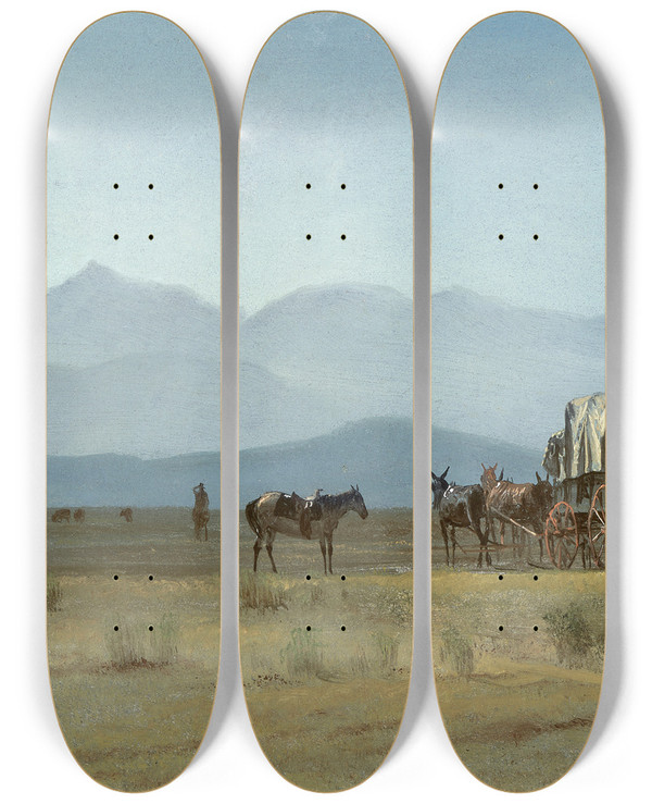 Triptych art skateboard deck of Albert Bierstadt Surveyors Wagon In The Rockies by Albert Bierstadt (1830-1902)