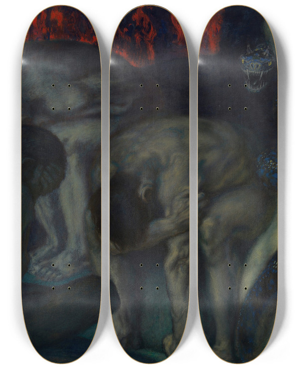 Triptych art skateboard deck of Franz Von Stuck Inferno by Franz Von Stuck (1863-1928)