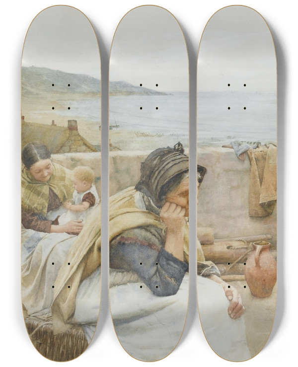 Triptych art skateboard deck of Walter Langley A Village Idyll by Walter Langley (1852-1922)
