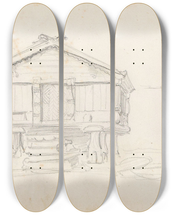 Triptych art skateboard deck of Adolph Tidemand Stabbur Moen by Adolph Tidemand (1814-1876)