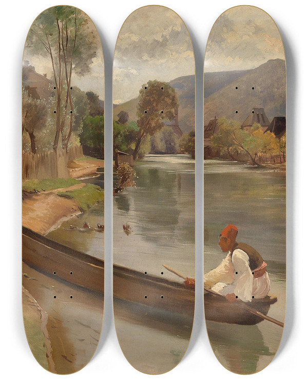 Triptych art skateboard deck of Franz Leo Ruben Am Flussufer by Franz Leo Ruben (1842-1920)