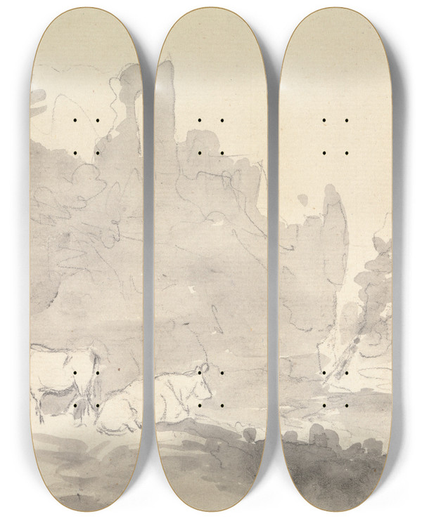 Triptych art skateboard deck of Sawrey Gilpin Landscape With Cows In Foreground by Sawrey Gilpin (1733-1807)