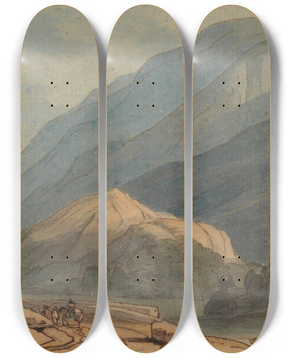 Triptych art skateboard deck of Francis Towne The Entrance Into Borrowdale by Francis Towne (1739-1816)