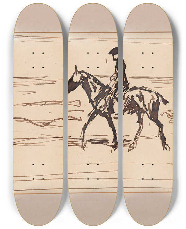 Triptych art skateboard deck of Max Liebermann Federzeichnung Reiter Am Strand by Max Liebermann (1847-1935)