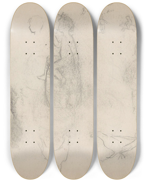 Triptych art skateboard deck of Signe Scheel Barneportrett Studier Av Barn Riss Av Fugler by Signe Scheel (1860-1942)