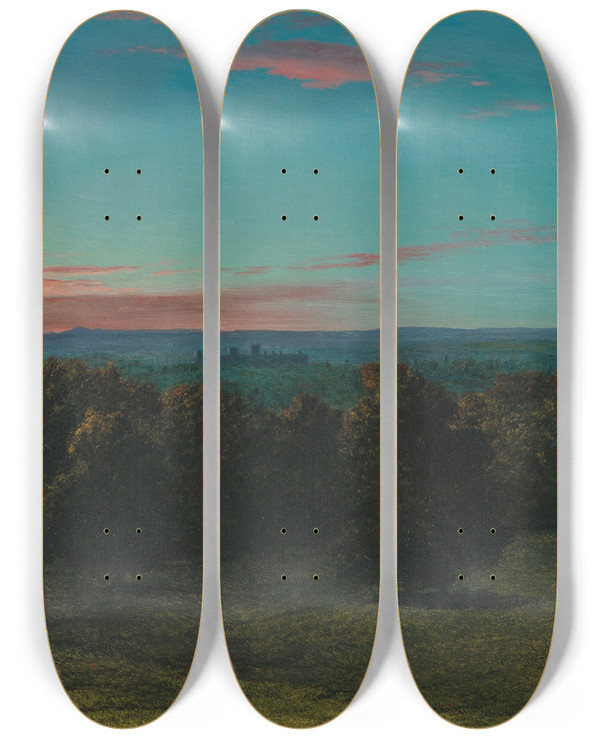 Triptych art skateboard deck of John Rogers Herbert A Castle In A Forest At Sunset by John Rogers Herbert (1810-1890)