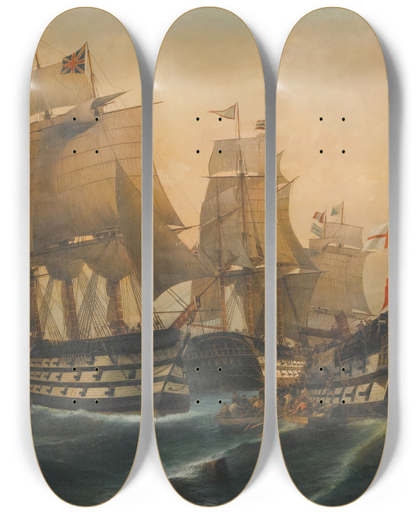 Triptych art skateboard deck of Constantinos Volanakis The Battle Of Trafalgar_1 by Konstantinos Volanakis (1837-1907)