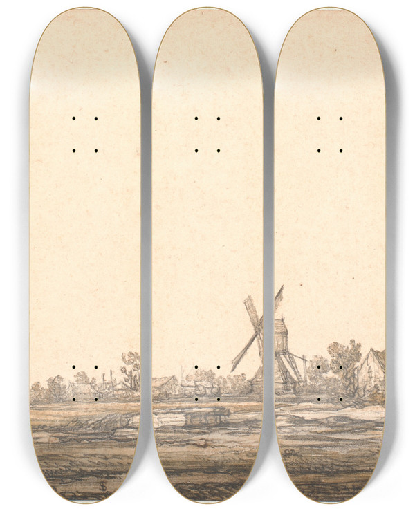 Triptych art skateboard deck of Aelbert Cuyp Landscape With A Windmill by Aelbert Cuyp (1620-1691)