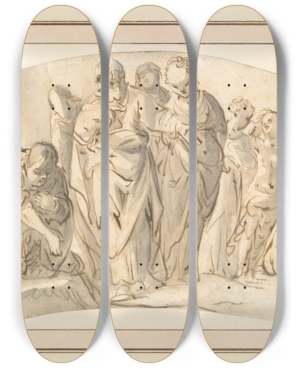 Triptych art skateboard deck of Jan Gerritsz Van Bronchorst Lot And His Family Leaving Sodom by Jan Gerritsz Van Bronchorst (1603-1661)