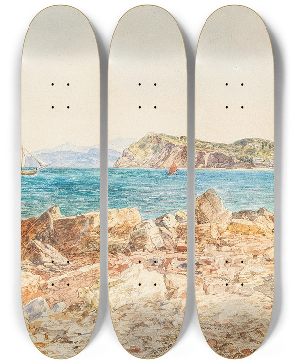 Triptych art skateboard deck of Anton Perko Kstenmotiv Durazzo by Anton Perko (1833-1905)