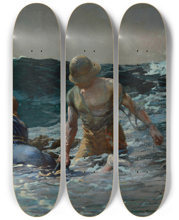 Triptych art skateboard deck of Winslow Homer Undertow by Winslow Homer (1836-1910)