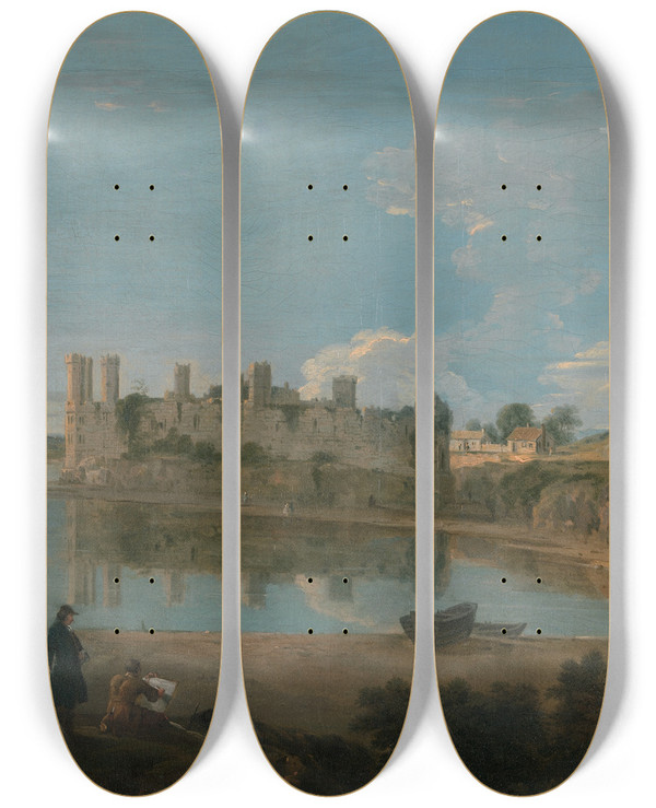 Triptych art skateboard deck of Richard Wilson Caernarfon Castle by Richard Wilson (1714-1782)