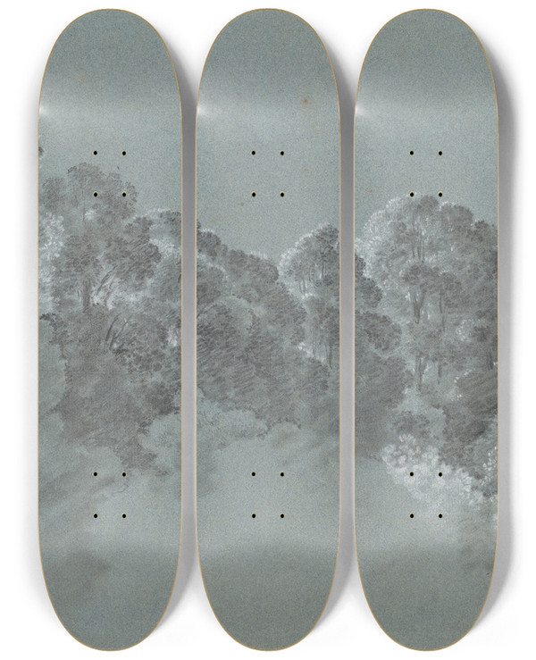 Triptych art skateboard deck of Heinrich Rieter Forest Treetops Struck By Light by Heinrich Rieter (1751-1818)