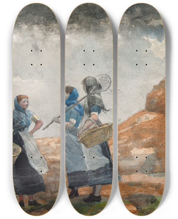 Triptych art skateboard deck of Winslow Homer Three Fisher Girls Tynemouth by Winslow Homer (1836-1910)