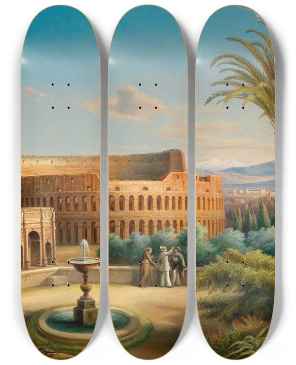 Triptych art skateboard deck of Wilhelm Kandler Rome In Front Of The Colosseum by Wilhelm Kandler (1816-1896)