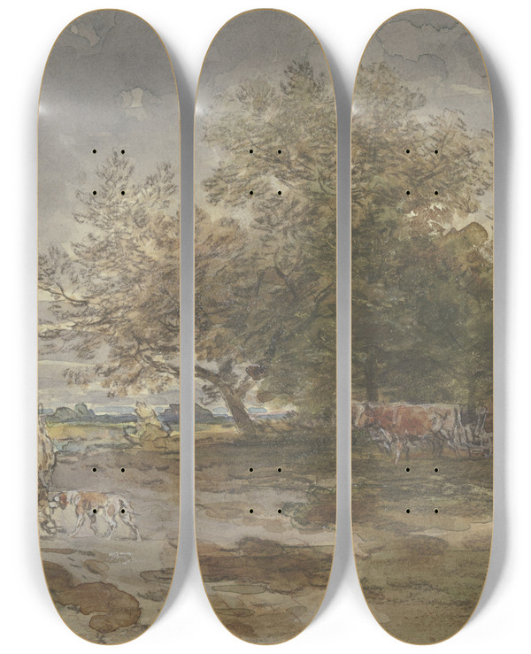 Triptych art skateboard deck of Anton Burger Landschaft Mit Jger Und Pflgendem Bauer by Anton Burger (1824-1905)