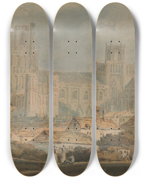 Triptych art skateboard deck of Joseph Mallord William Turner View Of Ely Cathedral by Joseph Mallord William Turner (1775-1851)