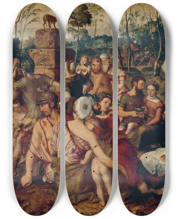 Triptych art skateboard deck of Pieter Pourbus The Golden Calf by Pieter Pourbus (1523-1584)