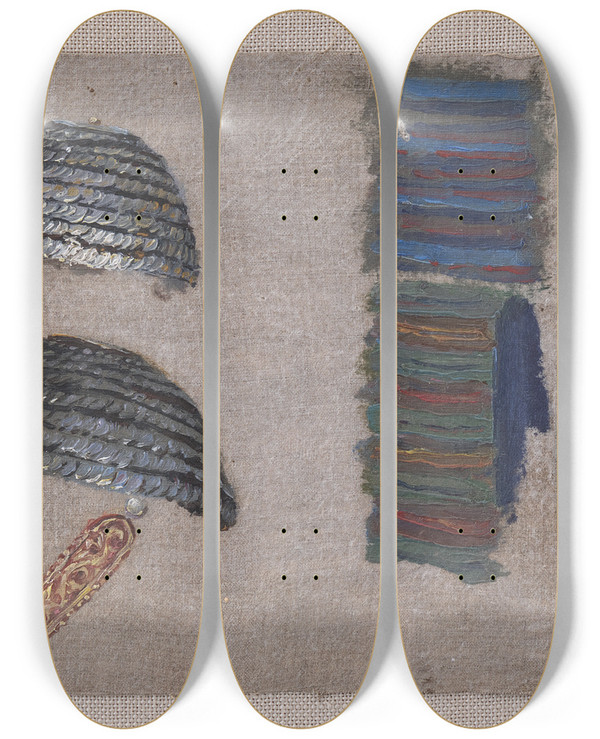 Triptych art skateboard deck of Niels Skovgaard Dragtstudier Megara by Niels Skovgaard (1858-1938)
