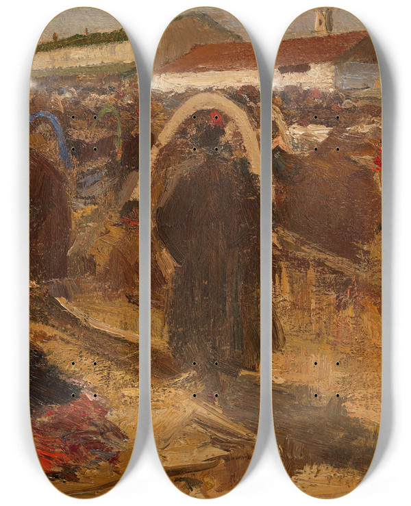 Triptych art skateboard deck of Mikhail Filippovich Ivanov Market Place In Nizhny Novgorod by Mikhail Filippovich Ivanov (1869-1930)