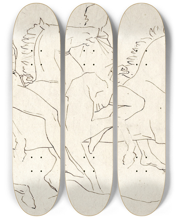 Triptych art skateboard deck of David Humbert De Superville Two Horsemen After The South Frieze Of The Parthenon by David Humbert De Superville (1770-1849)