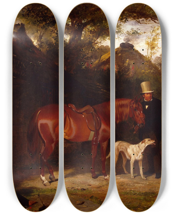 Triptych art skateboard deck of Friedrich Wilhelm Keyl At The Blacksmiths Shop by Friedrich Wilhelm Keyl (1823-1871)