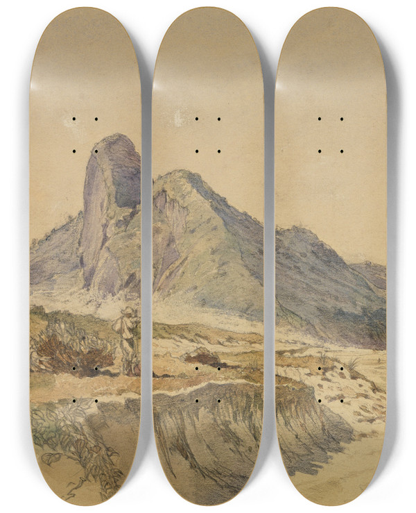 Triptych art skateboard deck of Ferdinand Keller Die Berge Dois Irmaons Am Meer by Ferdinand Keller (1842-1922)