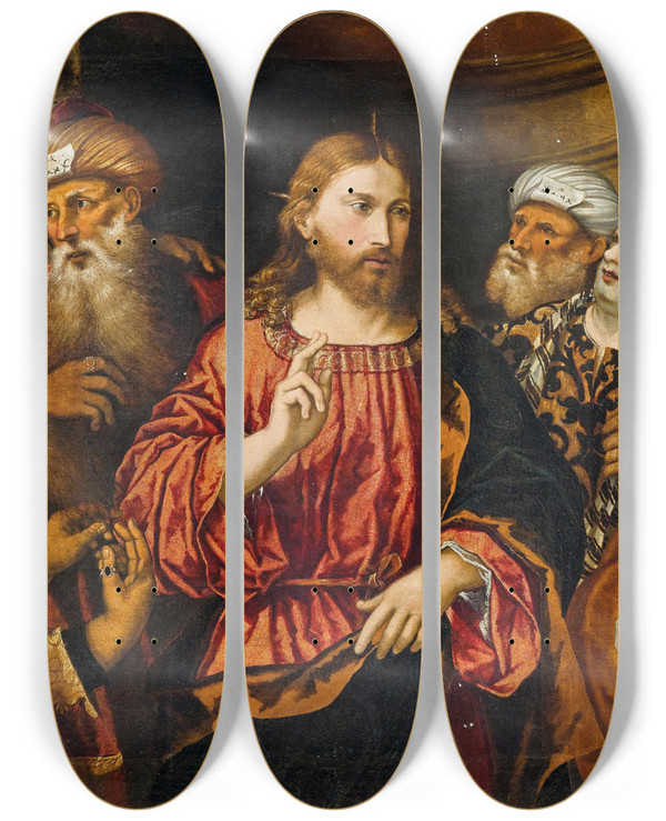 Triptych art skateboard deck of Rocco Marconi Christ And The Adultress by Rocco Marconi (1504-1521)