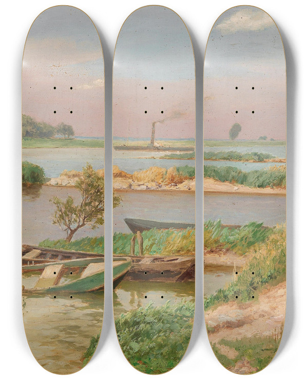 Triptych art skateboard deck of Heinrich Bhmer Open River Landscape by Heinrich Bohmer (1852-1930)