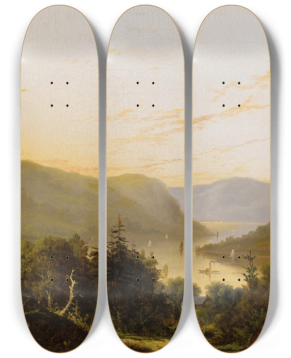 Triptych art skateboard deck of William Louis Sonntag Hudson River Landscape With River Traffic by William Louis Sonntag (1822-1900)