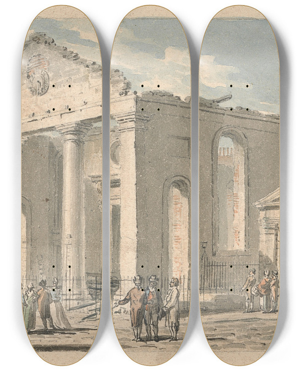 Triptych art skateboard deck of Edward Dayes St Pauls Church Covent Garden After The Fire by Edward Dayes (1763-1804)