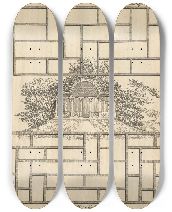 Triptych art skateboard deck of George Bickham The Elder Oblong Paling A Door Parallel Railing by George Bickham The Elder (1684-1758)