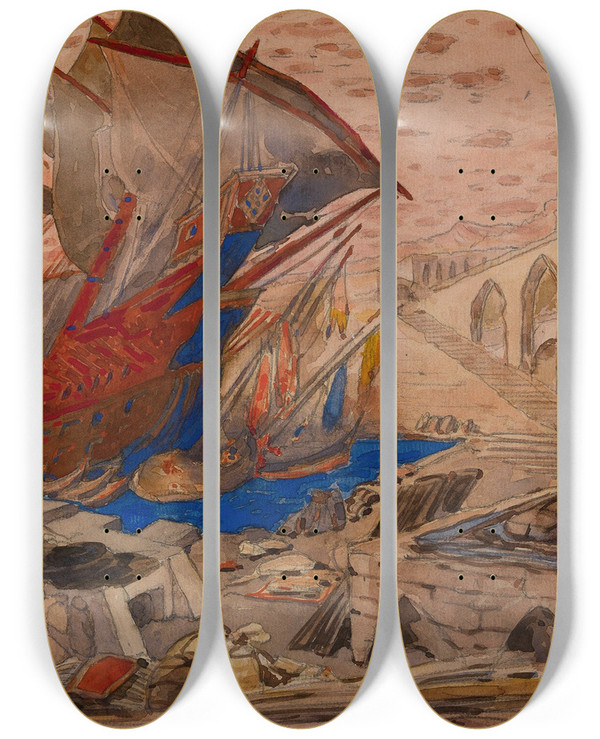 Triptych art skateboard deck of Lon Bakst La Pisanella Ou La Morte Parfumee by Leon Bakst (1866-1924)