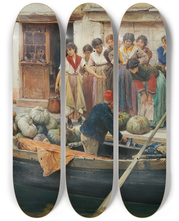 Triptych art skateboard deck of Ludwig Johann Passini Krbisverkufer In Chioggia by Ludwig Johann Passini (1832-1903)