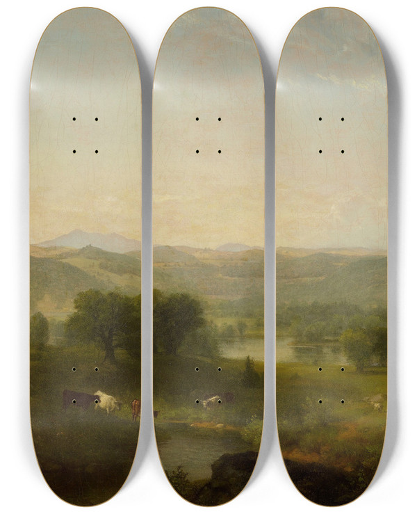 Triptych art skateboard deck of Asher Brown Durand Landscape With Cows And Sheep by Asher Brown Durand (1796-1886)