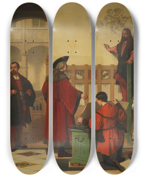 Triptych art skateboard deck of Wilhelm Koller Albrecht Drer Is Visited By Emperor Maximilian At Work by Wilhelm Koller (1829-1884)