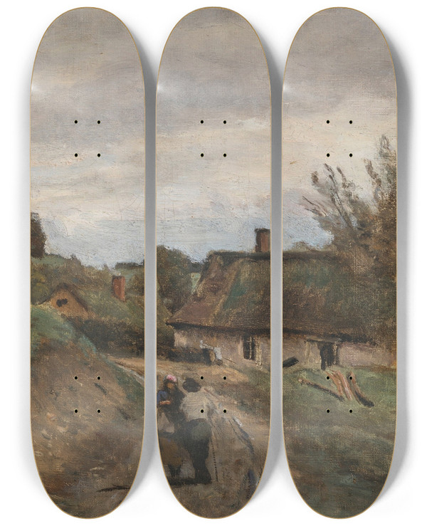 Triptych art skateboard deck of Jeanbaptistecamille Corot Gouvieux Paysan Et Paysanne Chemin Et Village De Chaumires by Jean-Baptiste-Camille Corot (1796-1875)