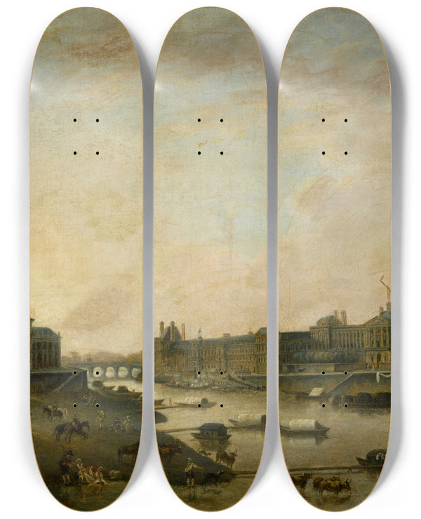 Triptych art skateboard deck of Pierreantoine Demachy Lhtel De La Monnaie Et Le Louvre Vus Du Pontneuf Vers 1800 by Pierre-Antoine Demachy (1723-1807)