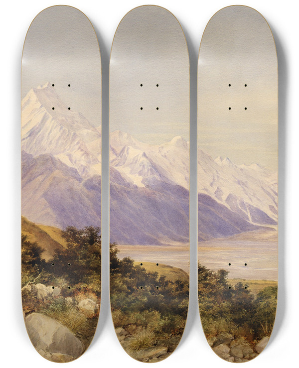 Triptych art skateboard deck of Charles Decimus Barraud Mt Cook by Charles Decimus Barraud (1822-1897)