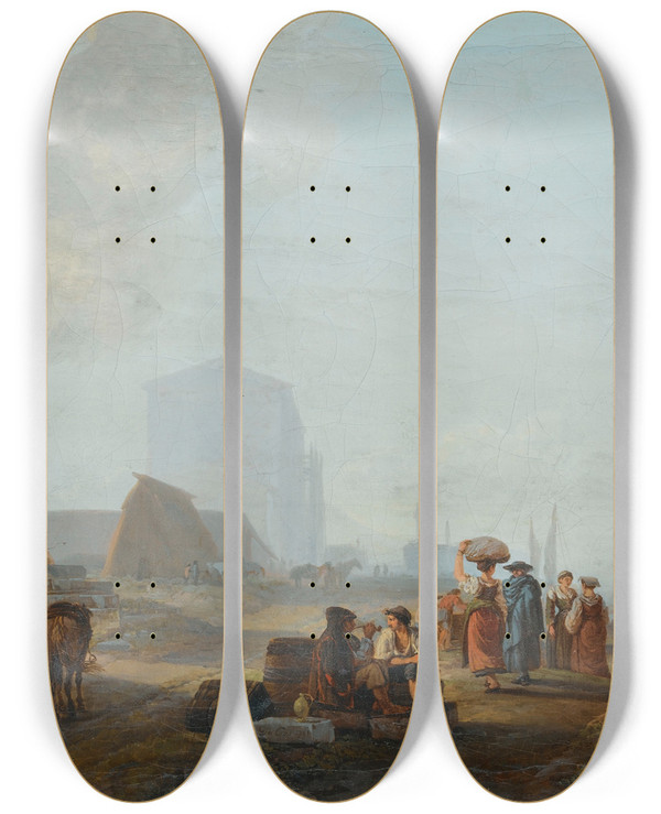 Triptych art skateboard deck of Abrahamlouisrodolphe Ducros The Shore Of A Riverwithboats by Abraham-Louis-Rodolphe Ducros (1748-1810)