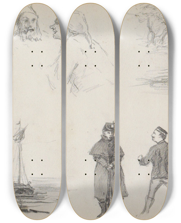 Triptych art skateboard deck of Marius Bauer Studieblad Onder Andere Met Zeilschepen by Marius Bauer (1867-1932)