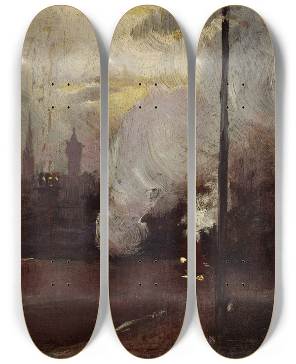 Triptych art skateboard deck of Tom Roberts Evening Train To Hawthorn by Tom Roberts (1856-1931)